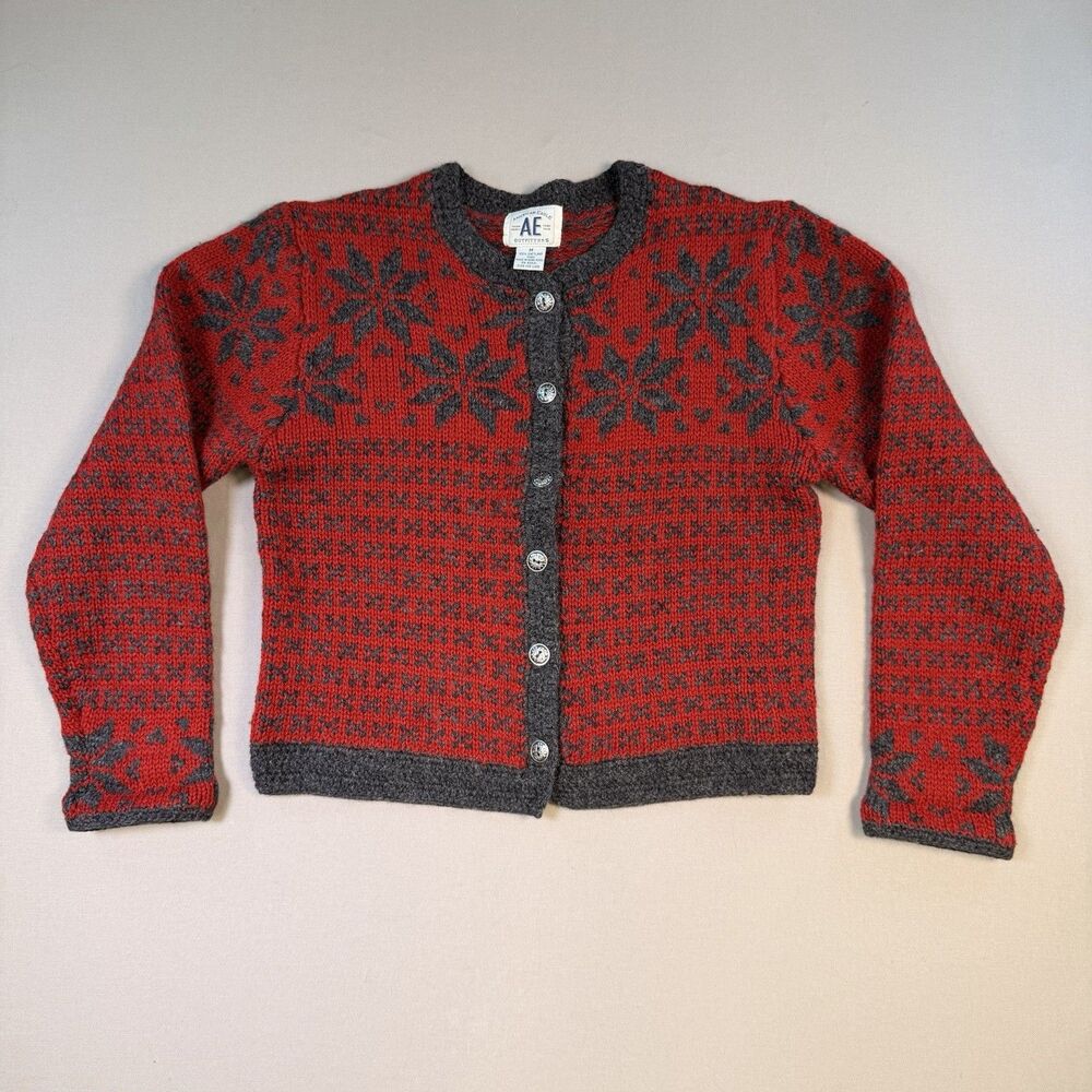 VTG American Eagle 100% Shetland Wool Button Up Sweater Fair Isle Red Medium HK